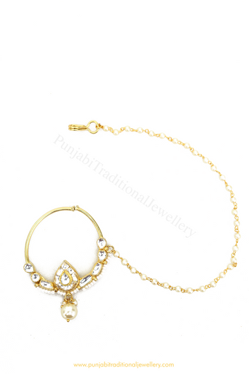 Gold Finished Pearl Kundan Nath By PTJ